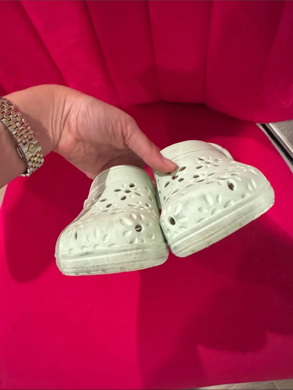 Great condition CROCS Kids pale mint Floral-Perforation Clogs